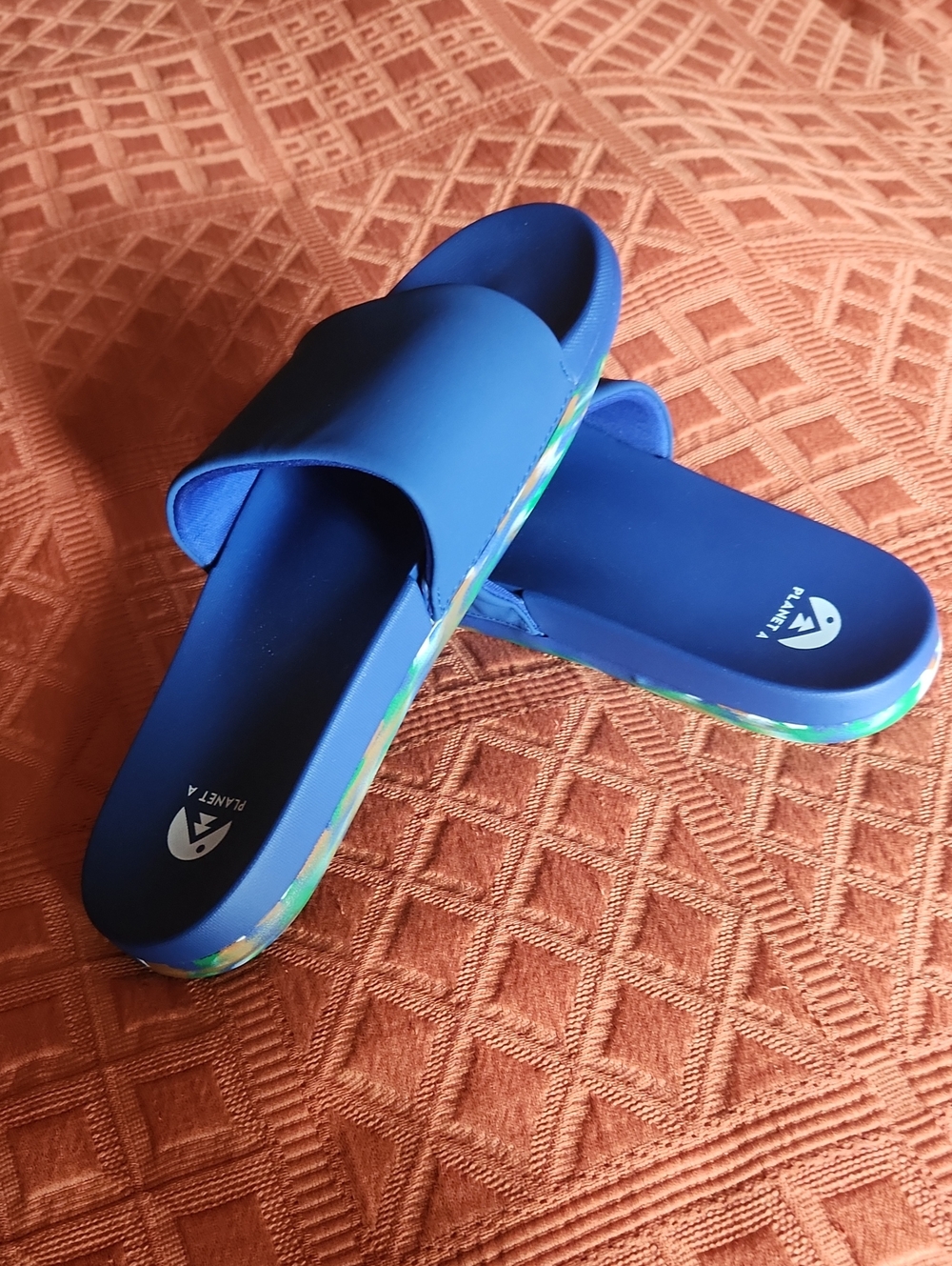 Men's Blue Slide Sandals with Patterned Midsole